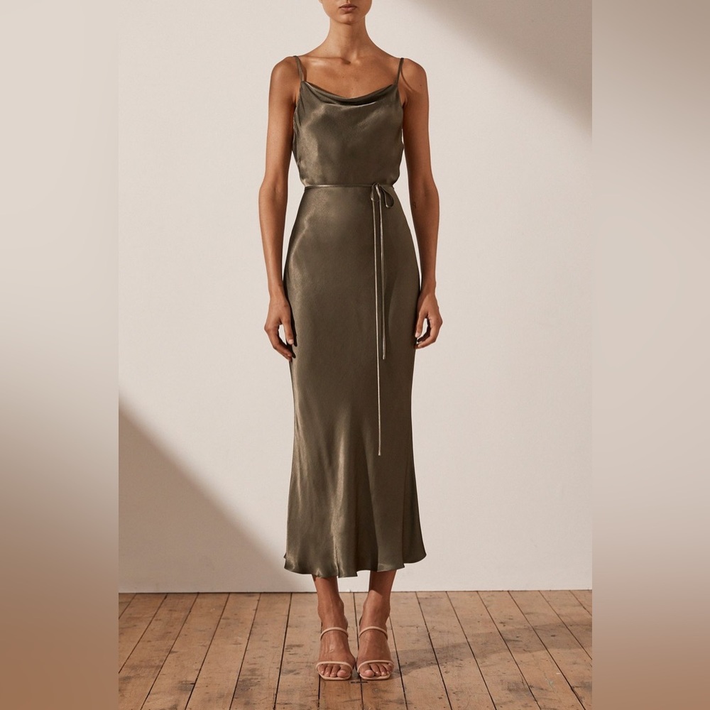 Shona Joy Olive Green Satin Midi Slip Dress